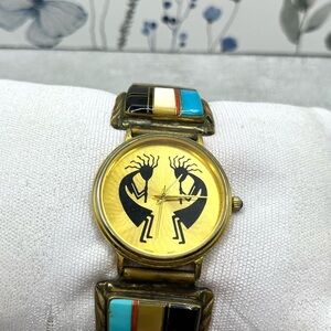 Watch Tip Albert Yazzie Gold Watch 925 Colorful Turquoise Onyx MOP Coral VTG